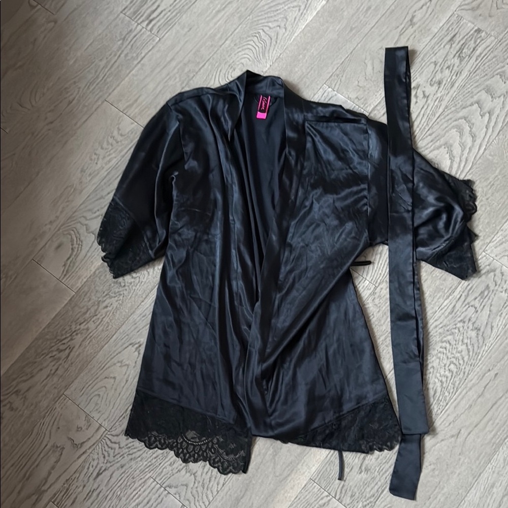 La SENZA Black Satin Robe with Lace Trim and 3/4 Sleeves